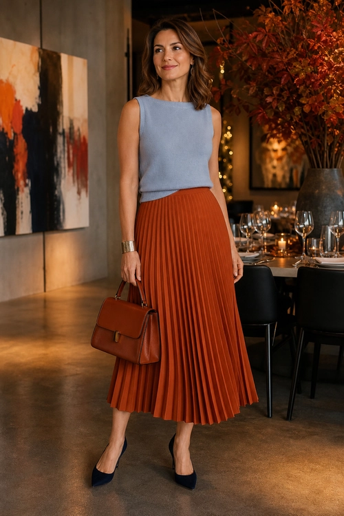 Woman wearing a sleeveless light blue top with a rust pleated midi skirt, navy pointed pumps, and a brown structured handbag.