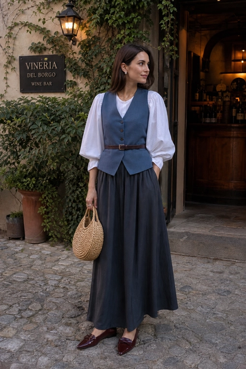 Blue Vest and Maxi Skirt Outfit A woman wears a blue-gray buttoned vest over a white puff-sleeve blouse with a dark maxi skirt, burgundy flats, and a woven handbag.