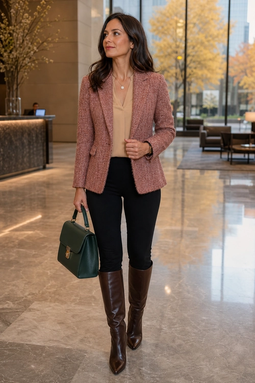 A woman wears a blush textured blazer over a beige blouse with black fitted trousers, brown knee-high boots, and a dark green handbag.