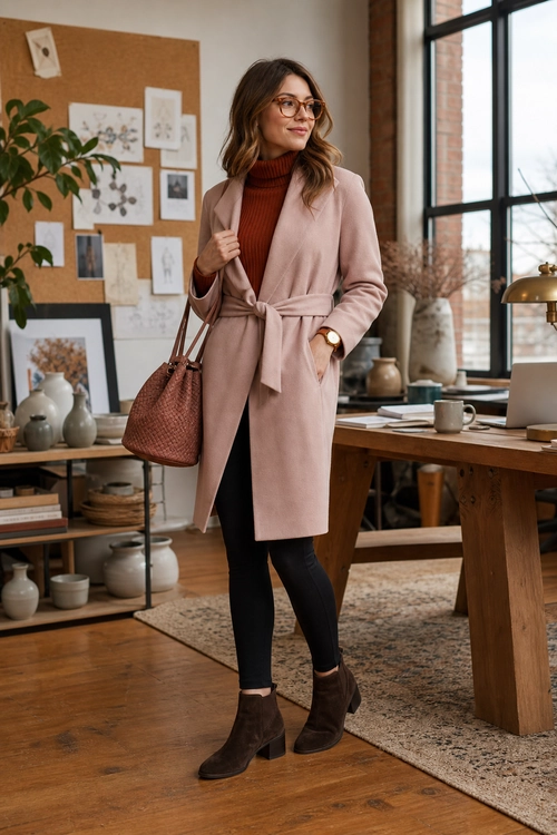 Woman wearing a blush pink belted coat over a rust ribbed turtleneck, black slim trousers, and dark brown ankle boots.