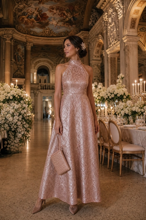 Blush Pink Halter Gown Woman wearing a blush pink halter-neck gown with pointed heels and a matching clutch.