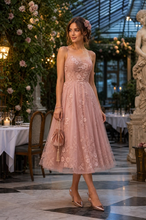 A woman wears a blush pink floral lace midi dress with pointed heels and carries a small tasseled drawstring pouch.