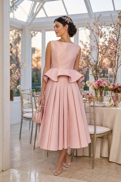 A woman wears a blush pink sleeveless peplum dress with a pleated midi skirt, matching handbag, floral hair accessory, and embellished shoes.