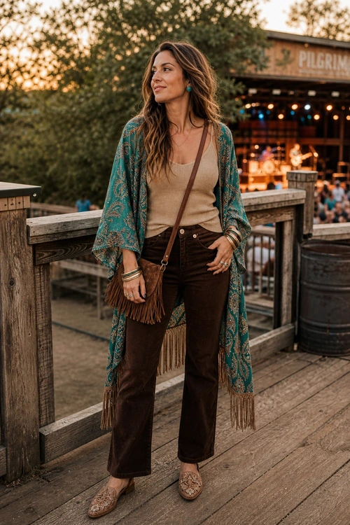 Boho Fringe Kimono Outfit A woman wears a teal patterned fringe kimono over a beige top with dark brown pants, a fringe crossbody bag, bangles, and patterned tan shoes.