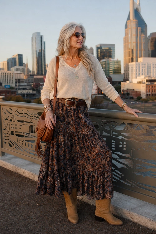 Boho Sweater and Midi Skirt Outfit A woman wears a cream V-neck sweater with a patterned midi skirt, tan boots, sunglasses, and a brown fringed shoulder bag.
