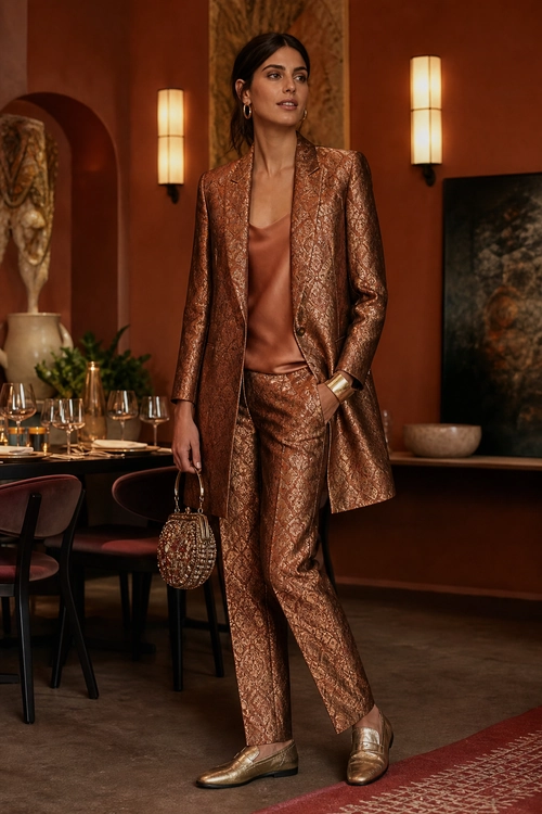 Bronze Jacquard Suit Outfit Woman wearing a bronze patterned blazer and matching trousers with a satin camisole, metallic loafers, hoop earrings, and a small beaded handbag.