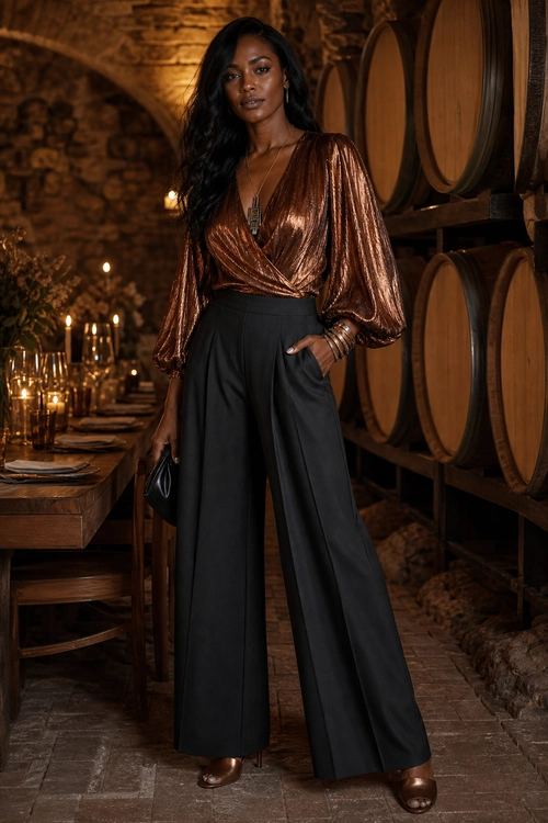 A woman wears a metallic bronze wrap blouse with black wide-leg trousers and brown open-toe heels.