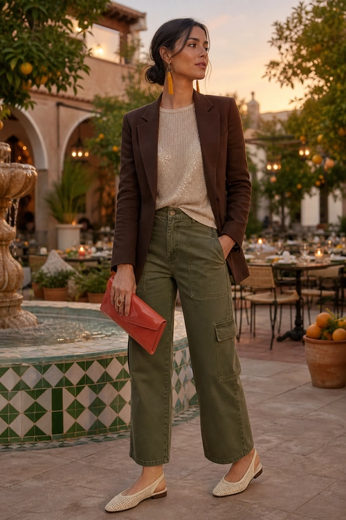 A woman wears a brown blazer over a cream knit top with olive cargo pants, woven flats, yellow drop earrings, and a red clutch.
