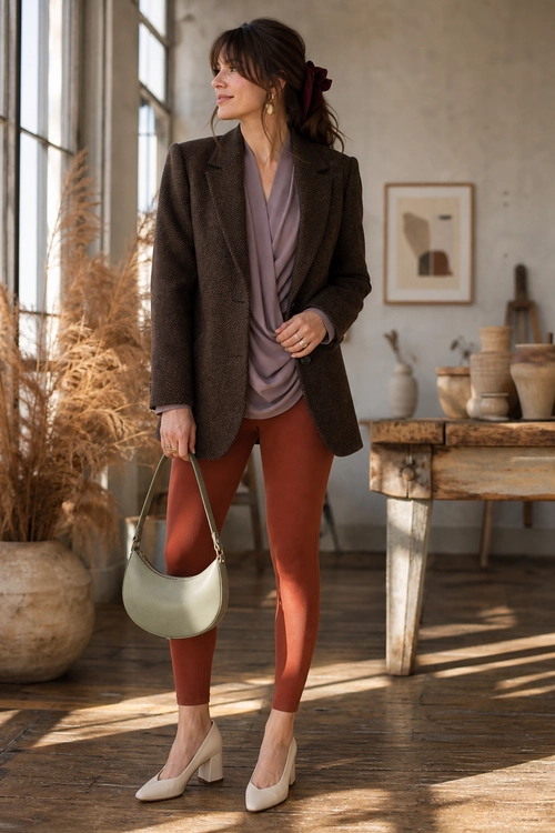 Brown Blazer and Rust Trousers Outfit A woman wears a brown blazer over a mauve draped top with rust trousers, cream pointed-toe shoes, and a pale green shoulder bag.