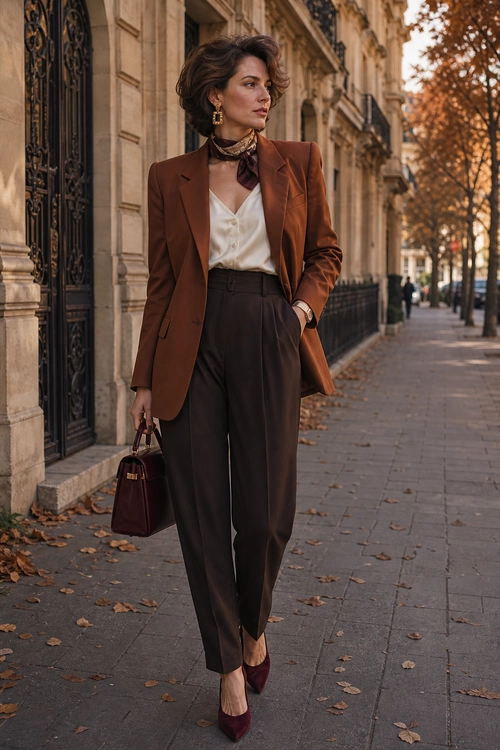 Brown Blazer and Wide-Leg Trousers Outfit A polished outfit featuring a brown blazer, ivory blouse, dark wide-leg trousers, burgundy pointed heels, and a matching handbag.