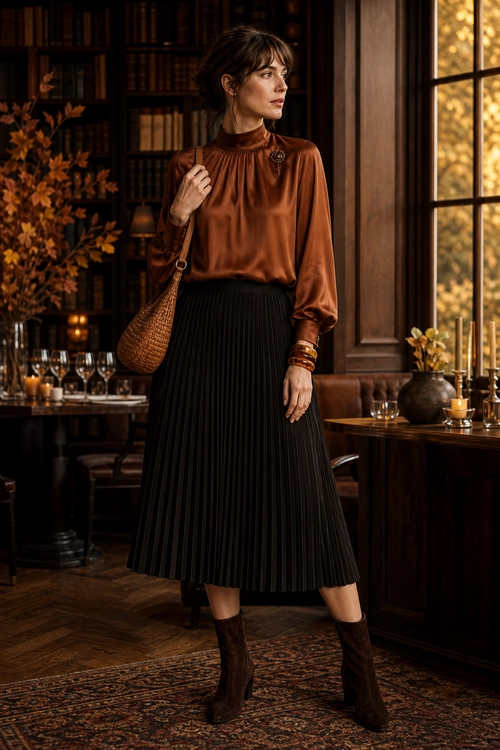 A brown satin blouse paired with a black pleated midi skirt, brown boots, and a woven shoulder bag.