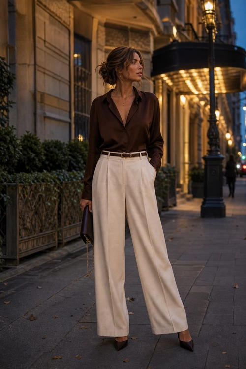 A woman wears a dark brown blouse with cream wide-leg trousers, pointed heels, a belt, and a small handbag on a city sidewalk.