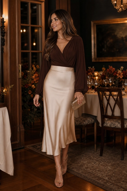 Brown Blouse and Satin Midi Skirt A woman wears a brown long-sleeve wrap blouse with an ivory satin midi skirt, nude strappy heels, and a metallic clutch.