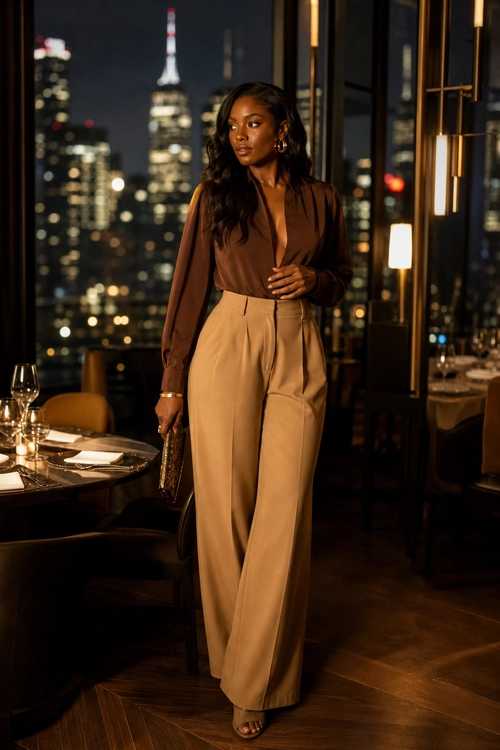 Brown Blouse and Wide-Leg Trousers A woman wears a satin brown blouse with high-waisted tan wide-leg trousers, open-toe heels, hoop earrings, and a small clutch.