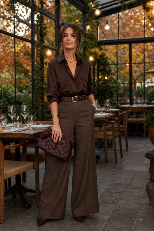Woman wearing a brown blouse, wide-leg trousers, belt, pointed heels, and a textured clutch.