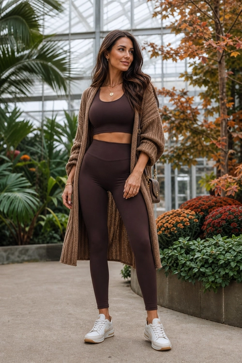 A woman wears a brown knitted cardigan over a dark brown cropped top and matching high-waisted leggings with white sneakers.