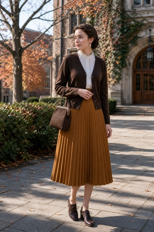 Brown Cardigan and Pleated Midi Skirt A woman wears a brown cardigan, white high-neck blouse, mustard pleated midi skirt, dark brown lace-up shoes, and a woven shoulder bag.