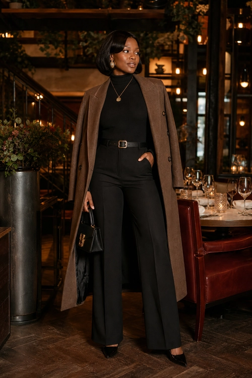 Brown Coat and Black Wide-Leg Outfit A woman wears a long brown coat over a black turtleneck and wide-leg trousers with pointed heels and a black handbag.