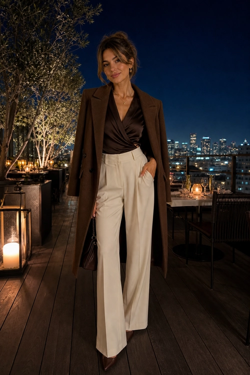 Brown Coat with Cream Wide-Leg Trousers A woman wears a long brown coat over a dark draped top with cream wide-leg trousers and a dark shoulder bag on a rooftop at night.