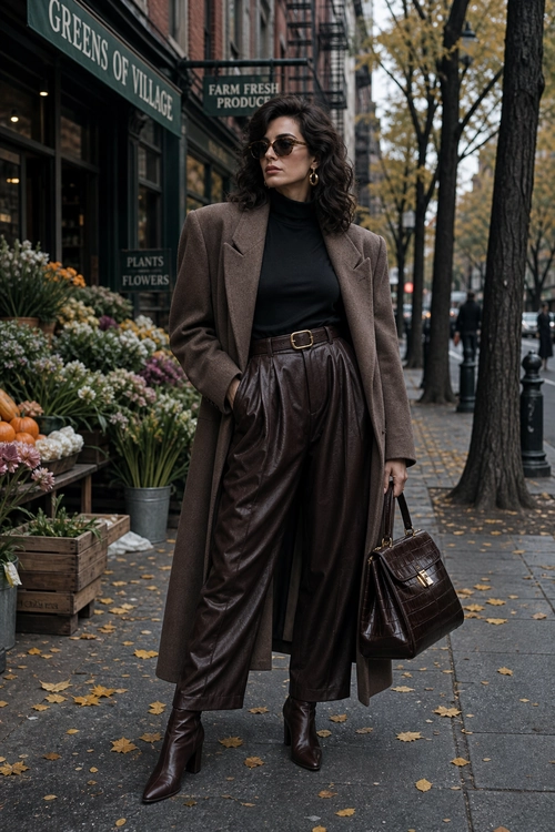 Brown Coat and Leather Trousers Woman wearing a long brown coat, black turtleneck, dark leather trousers, pointed boots, sunglasses, and carrying a structured brown handbag on a city sidewalk.