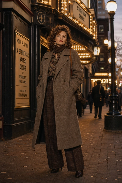 Vintage-Inspired Brown Coat Outfit A woman wears a long brown tailored coat over a patterned blouse, scarf, and wide-leg plaid trousers on a theater-lined city sidewalk.
