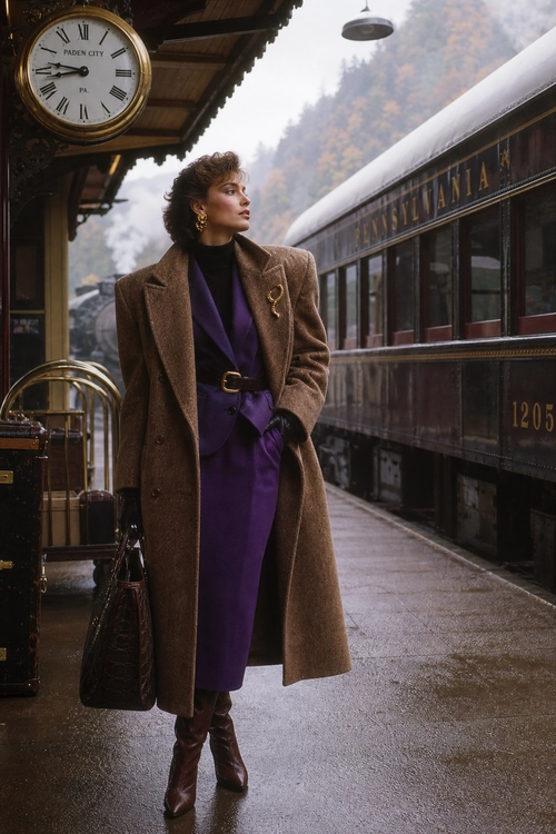 Brown Coat and Purple Suit A woman wears a long brown coat over a purple suit with a black turtleneck, brown boots, gloves, and a dark handbag.