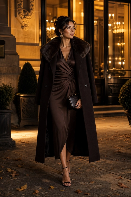 A woman wears a long dark brown coat over a ruched brown satin dress with a black clutch and strappy heels.