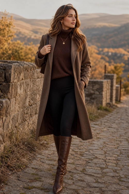 A woman wears a long brown coat over a ribbed dark brown turtleneck, black fitted trousers, tall brown boots, and a shoulder bag.