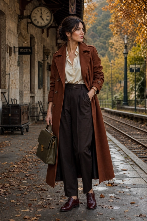 Brown Coat and Wide-Leg Trousers A tailored brown long coat worn over a cream blouse and dark wide-leg trousers with burgundy ankle boots and a structured handbag.