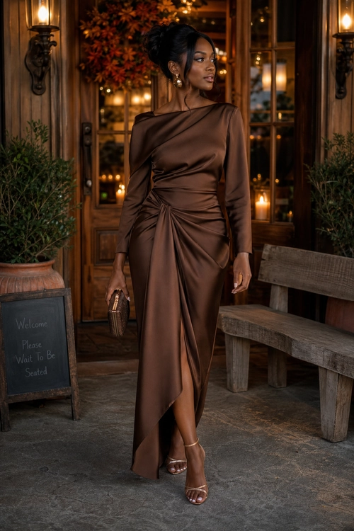 Brown Draped Satin Evening Dress A woman wears a long-sleeved brown satin dress with draped ruching, an asymmetrical hem, and a front slit, styled with strappy heels and a small clutch.