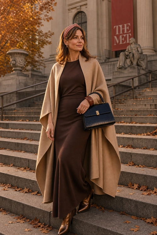 Brown Dress with Camel Cape A woman wears a dark brown long dress with a camel cape, brown leather boots, and a navy structured handbag.