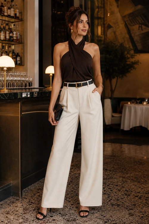 Brown Halter and Wide-Leg Trousers A woman wears a dark brown halter top with cream high-waisted wide-leg trousers, a black belt, black sandals, and a small black clutch.