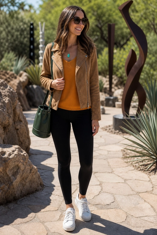 Casual outfit featuring a brown moto jacket, mustard top, black leggings, white sneakers, sunglasses, and a dark green bag.