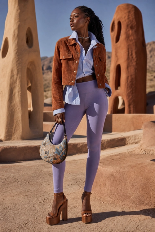 Brown Jacket and Lavender Leggings Outfit A fashion outfit featuring a cropped brown jacket over a light blue shirt, lavender leggings, platform ankle boots, and a patterned handbag.