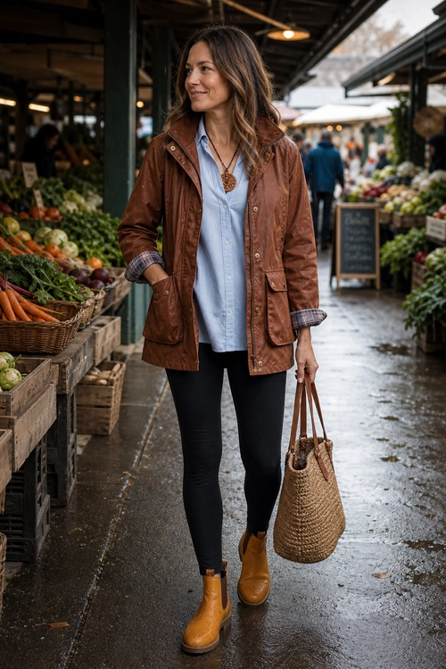 A woman wears a brown jacket over a light blue shirt with black leggings, tan ankle boots, a woven tote bag, and a pendant necklace.