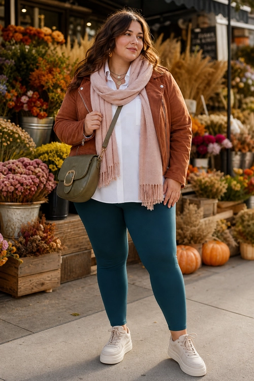 A woman wears a brown jacket, white blouse, pink scarf, teal leggings, white sneakers, and an olive crossbody bag.