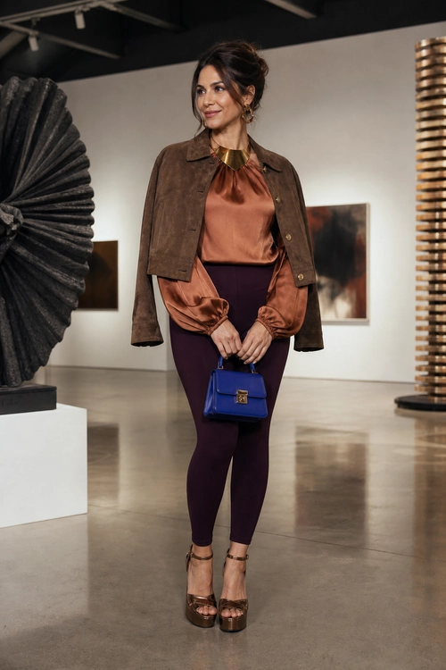 A polished outfit featuring a cropped brown jacket, copper satin blouse, dark plum trousers, blue handbag, and brown platform sandals.