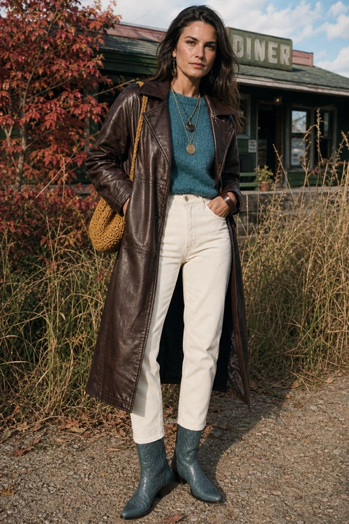 Brown Leather Coat with Teal Knitwear A fashion outfit featuring a long brown leather coat, teal knit sweater, cream trousers, teal ankle boots, and a mustard woven shoulder bag.