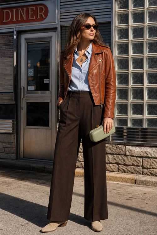 Brown Leather Jacket and Wide-Leg Trousers A woman wears a brown leather jacket over a light blue shirt with dark brown wide-leg trousers, beige flats, sunglasses, and a green clutch.