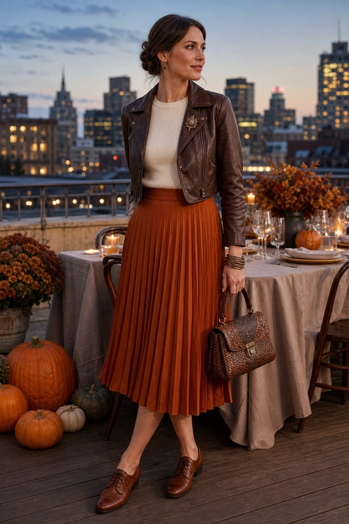 Brown Leather Jacket Pleated Skirt Outfit A woman wears a brown leather jacket over a cream knit top with a rust pleated midi skirt, brown shoes, and a textured handbag.