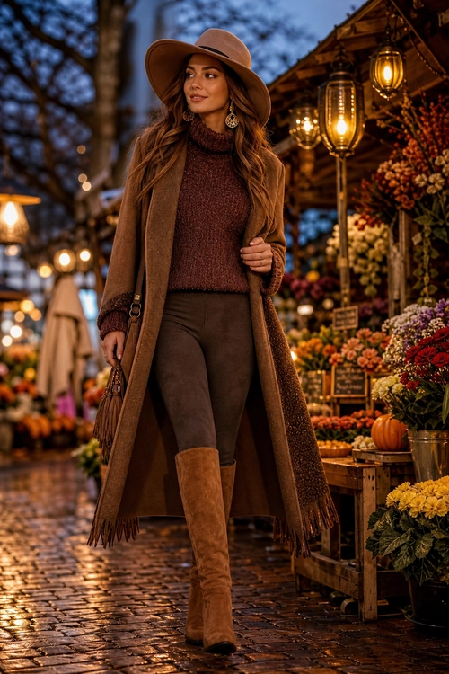 A woman wears a brown wide-brim hat, long coat, knit turtleneck, fitted pants, fringed crossbody bag, and tan knee-high boots at an outdoor flower market.