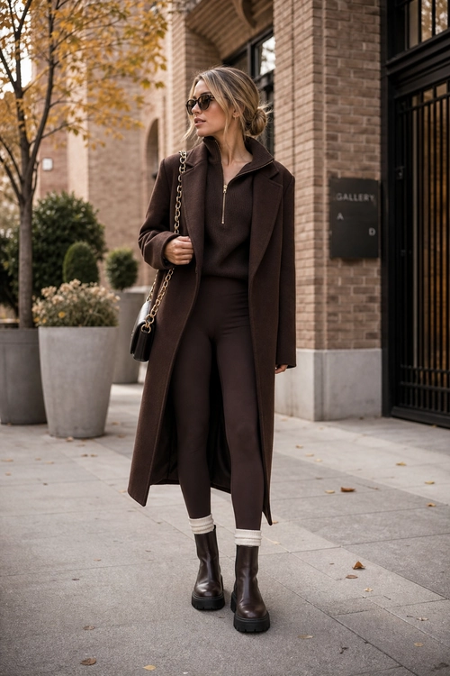 A woman wears a long brown coat over a matching brown top and leggings with white socks, black ankle boots, sunglasses, and a chain-strap shoulder bag.