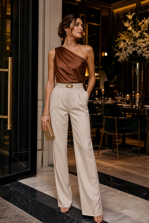 Brown One-Shoulder Top with Wide-Leg Trousers A woman wears a brown one-shoulder top with cream high-waisted wide-leg trousers, open-toe heels, and a small clutch.