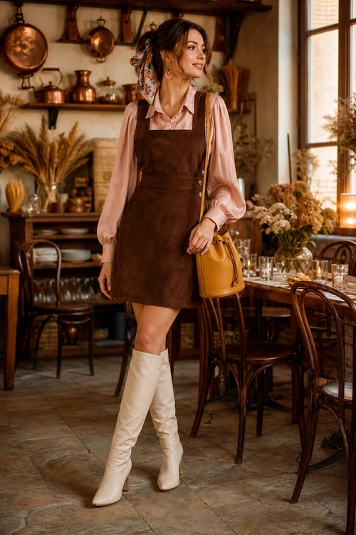 Brown Pinafore Dress with Knee-High Boots Woman wearing a brown pinafore mini dress over a pink blouse with white knee-high boots and a mustard shoulder bag.