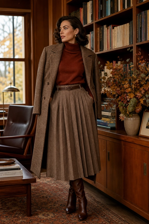 Brown Plaid Coat and Pleated Skirt Outfit Woman wearing a brown plaid long coat over a rust turtleneck, pleated midi skirt, and brown knee-high boots.