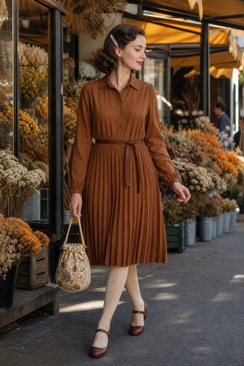 Brown Pleated Midi Dress Outfit A woman wears a brown long-sleeve pleated midi dress with cream tights, brown Mary Jane shoes, and a floral beaded handbag.