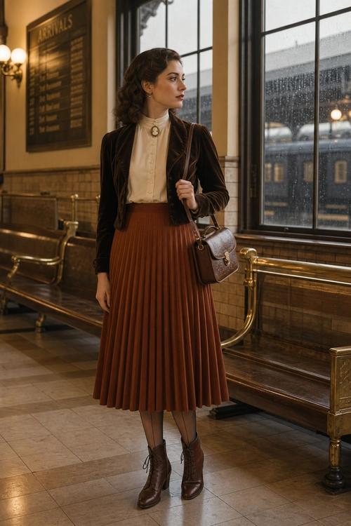 A woman wears a cream high-neck blouse, dark brown jacket, rust-brown pleated midi skirt, brown tights, lace-up ankle boots, and a shoulder bag.