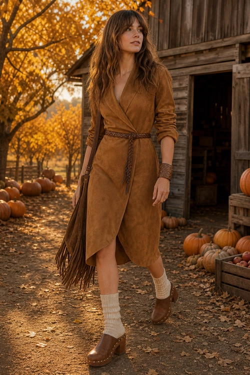 Brown Suede Wrap Dress Outfit A woman wears a brown suede wrap dress with a braided belt, cream ribbed socks, brown platform clogs, and a fringed shoulder bag outdoors in an autumn setting.