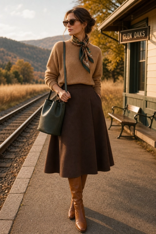 Classic Brown Sweater and Midi Skirt Outfit A woman wears a camel knit sweater, dark brown midi skirt, patterned neck scarf, knee-high brown boots, sunglasses, and a dark tote bag.