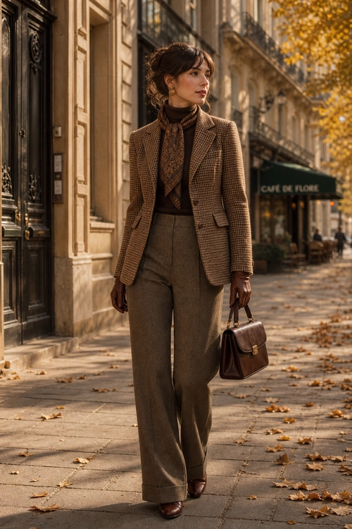 Brown Tailored Autumn Outfit A woman wears a brown checked blazer, dark turtleneck, patterned scarf, wide-leg trousers, and carries a structured leather handbag.